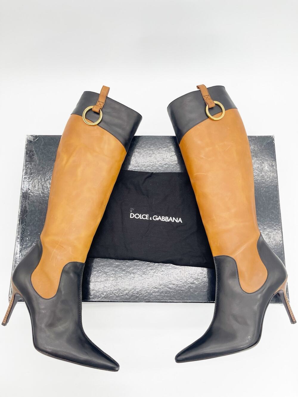 Vintage Dolce & Gabbana Black & Tan Leather Pointed Toe Knee High Boots IT 37.5